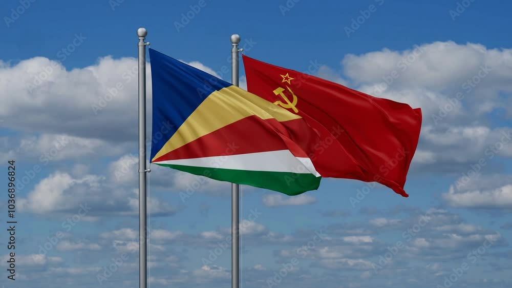 Soviet Union or USSR and Seychelles flags flying together, video concept of the relationship, two country cooperation concept Soviet Union or USSR and Seychelles flags flying together, video concept of the relationship, two country cooperation concept
