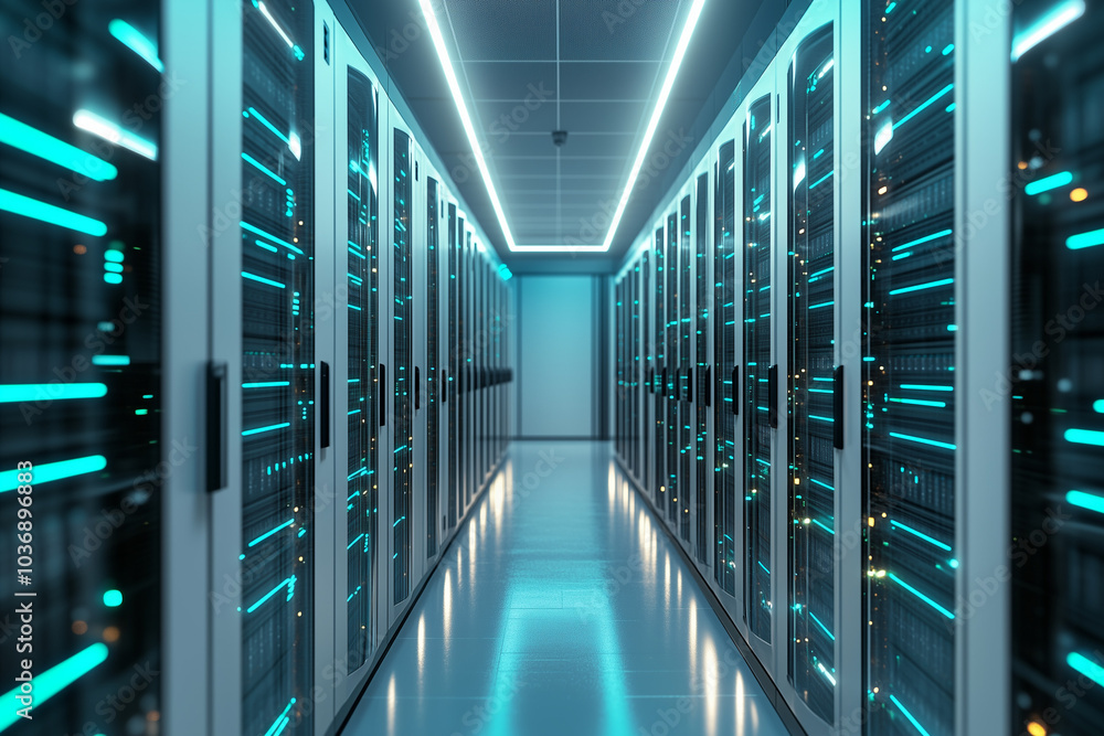 Modern server room with glowing indicator lights in a tech facility Modern server room with glowing indicator lights in a tech facility