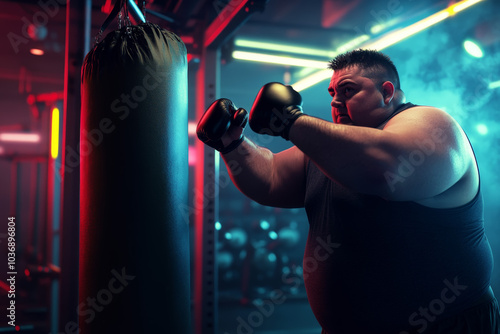 Overweight man while punching a boxing sack in the gym center for weight loss and calorie burning photo