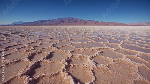 Vast salt flat under a clear blue sky.