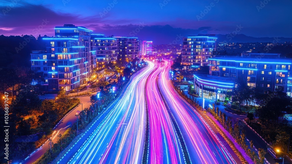 Fototapeta premium Vibrant cityscape with light trails at dusk.