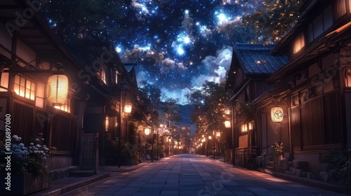 Wallpaper Mural A peaceful Japanese street under the night sky, where lanterns light the way along wooden facades, and the stars above create a serene, dreamlike atmosphere. Torontodigital.ca