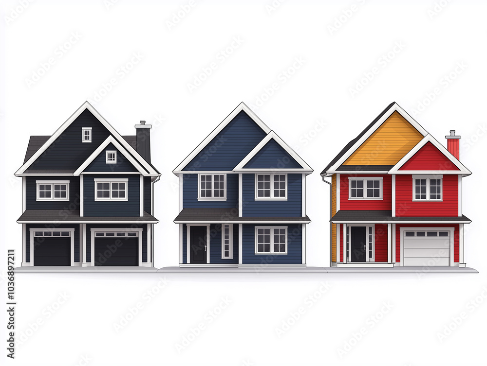 Set of Three Colorful Suburban Houses Set of Three Colorful Suburban Houses