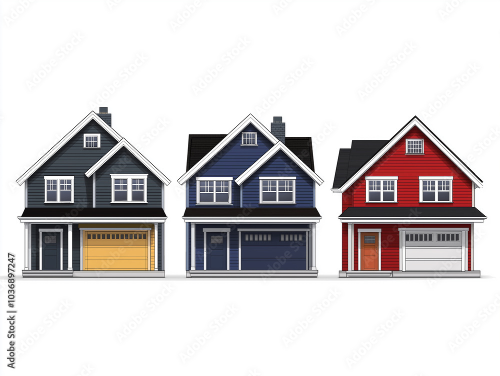 Set of Three Colorful Suburban Houses Set of Three Colorful Suburban Houses