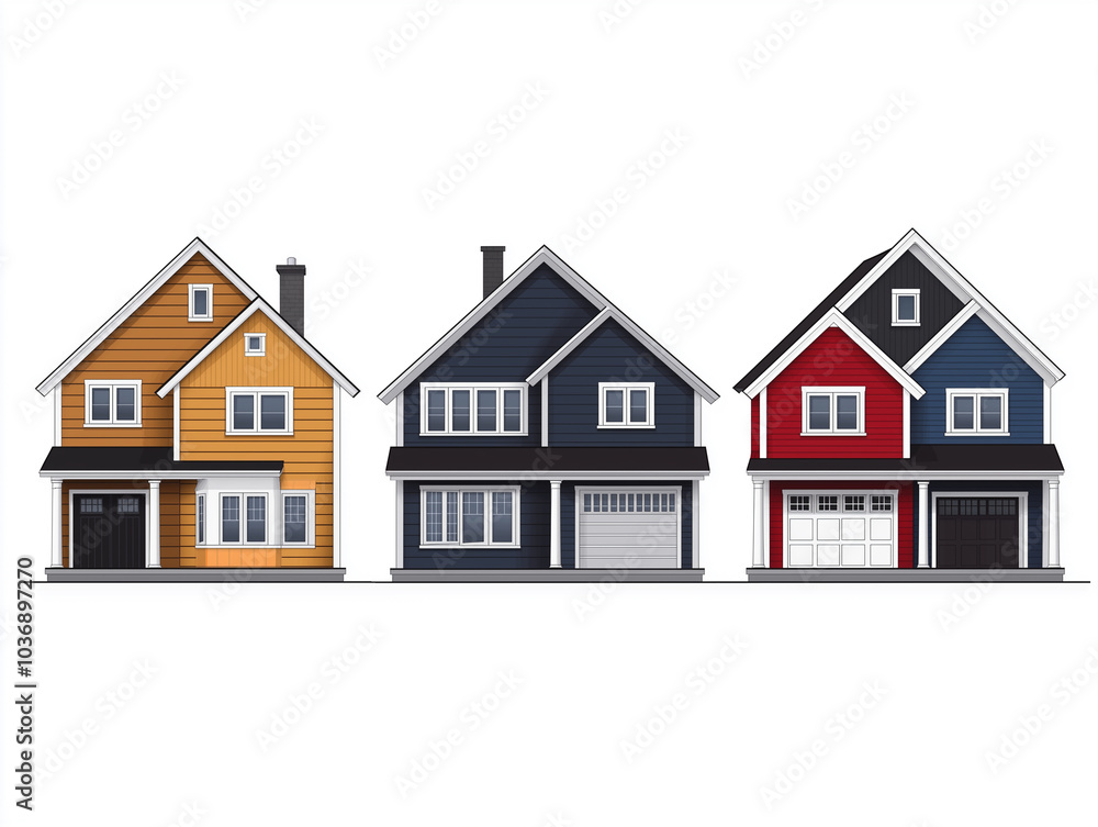 Set of Three Colorful Suburban Houses Set of Three Colorful Suburban Houses