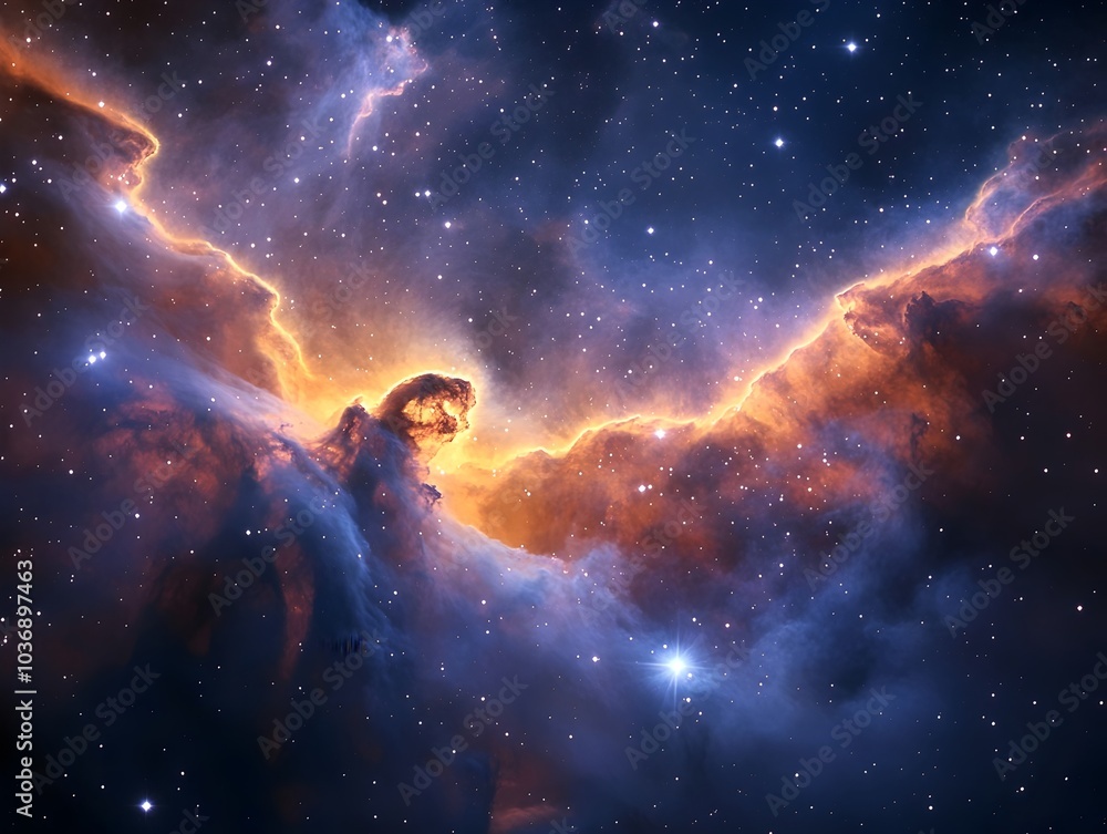 A stunning cosmic nebula illuminated by vibrant orange and blue hues, showcasing the beauty of space with countless twinkling stars in a majestic universe. A stunning cosmic nebula illuminated by vibrant orange and blue hues, showcasing the beauty of space with countless twinkling stars in a majestic universe.
