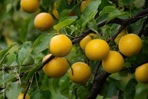 Wallpaper Mural Juicy yellow plums nestled among lush green leaves in a vibrant orchard under bright sunlight Torontodigital.ca