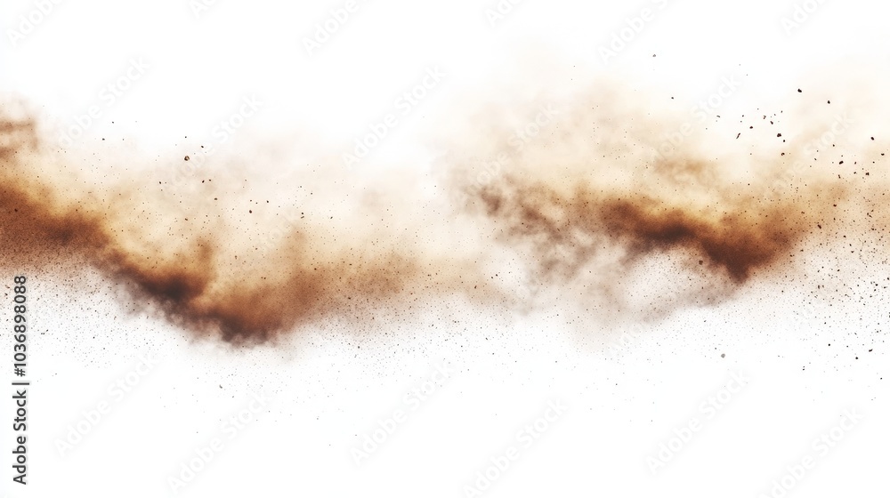 A powerful sandstorm with swirling sand dust clouds, featuring small particles flying through the air, isolated on a clean white background, creating a dynamic and dramatic effect. A powerful sandstorm with swirling sand dust clouds, featuring small particles flying through the air, isolated on a clean white background, creating a dynamic and dramatic effect.