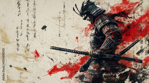 A powerful samurai warrior in full traditional armor, standing ready with a katana sword, dynamic ink splashes swirling around him