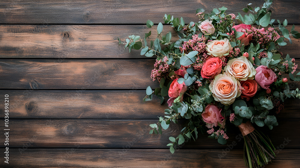 wooden background with flowers around the edges and pruning shears,Bouquet of colorful roses on a wooden background wooden background with flowers around the edges and pruning shears,Bouquet of colorful roses on a wooden background