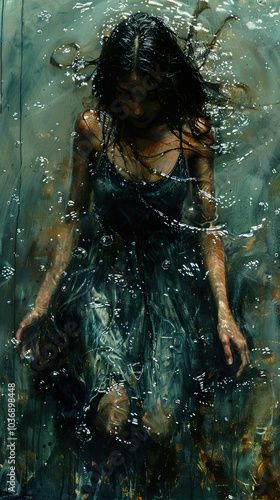 Submerged Woman in a Dreamy Landscape: A Painting of Mystery and Beauty