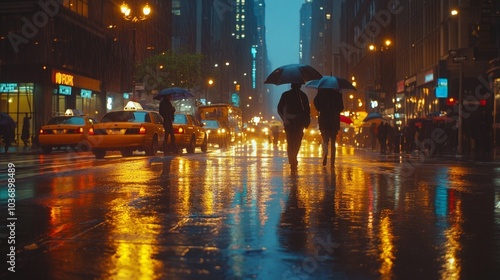 A rainy evening on a busy New York street, with reflections of bright city lights shimmering on the wet pavement and people walking with umbrellas under the glow of street lamps.