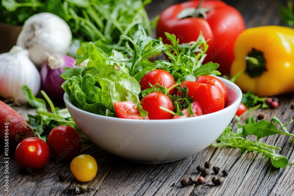 Fresh garden salad with vibrant vegetables arranged on a rustic wooden table Fresh garden salad with vibrant vegetables arranged on a rustic wooden table