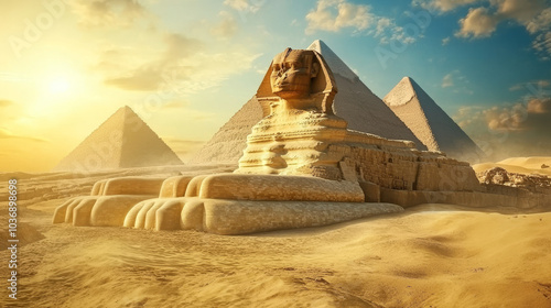 "Travel and vacation in Egypt: Explore the iconic Great Sphinx and the Pyramids of Giza, one of the famous Wonders of the World."