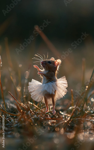 Tiny rat dressed as a ballet dancer posing gracefully in an outdoor setting, blending the charm of a miniature ballerina with whimsical fantasy in a soft, natural scene. photo