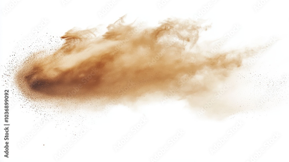 A sandstorm captured mid-swell, with fine sand dust and flying particles creating a swirling cloud, isolated against a white background to enhance the visual intensity. A sandstorm captured mid-swell, with fine sand dust and flying particles creating a swirling cloud, isolated against a white background to enhance the visual intensity.