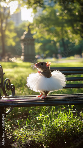 Tiny rat dressed as a ballet dancer posing gracefully in an outdoor setting, blending the charm of a miniature ballerina with whimsical fantasy in a soft, natural scene. photo