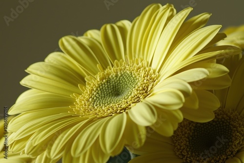 Bright yellow gerbera daisies bloom radiantly in soft natural light, adding cheer to any room photo