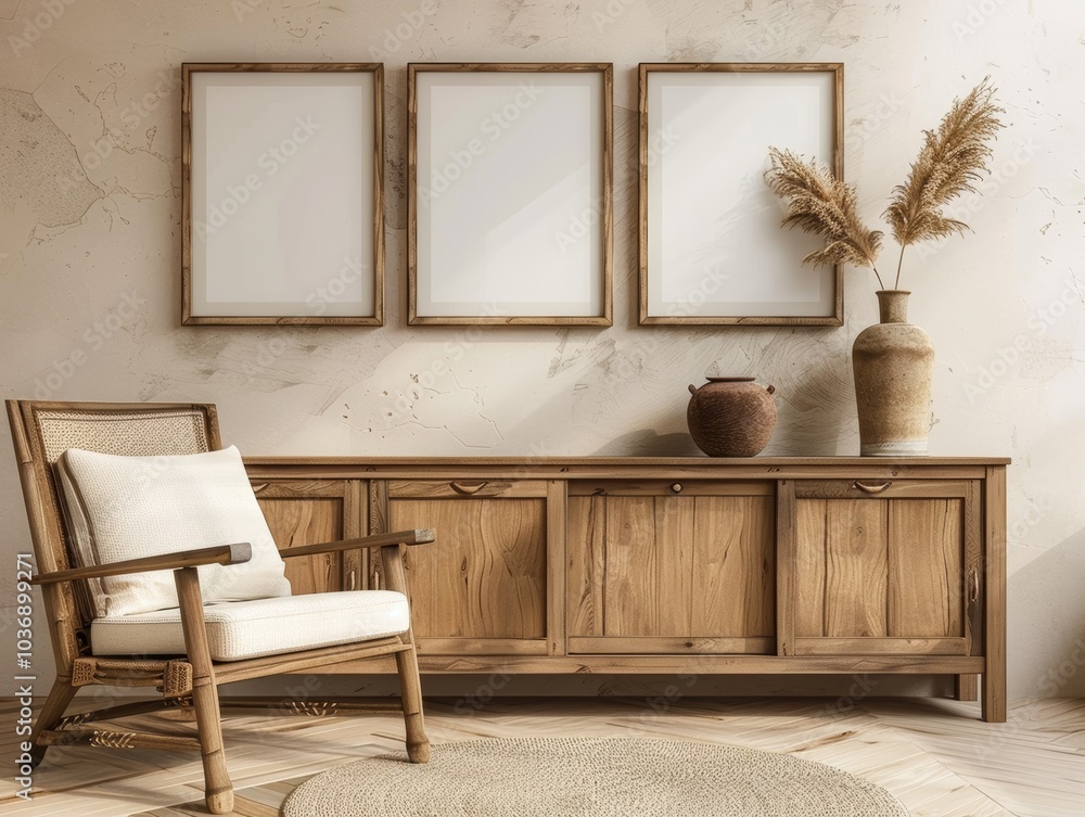 Minimalistic Interior Design Featuring Empty Frames and Wood Furniture. Minimalistic Interior Design Featuring Empty Frames and Wood Furniture.
