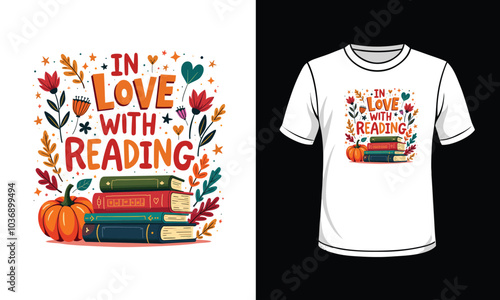 T shirt design concept Books, reading, education, stack of books, coffee mug, autumn leaves, pumpkin, cozy, hand-drawn typography,