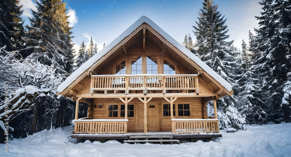 Wooden chalet in sunny winter forest with snow cover. Country house made of wood in natural area covered with fresh snow. Idea for Christmas holidays. Wooden chalet in sunny winter forest with snow cover. Country house made of wood in natural area covered with fresh snow. Idea for Christmas holidays.
