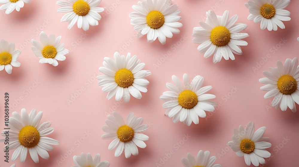 Minimalist styled concept featuring white daisy chamomile flowers scattered soft pale pink background offering creative lifestyle feel spring or summer Flat lay with space for text and modern vibes Minimalist styled concept featuring white daisy chamomile flowers scattered soft pale pink background offering creative lifestyle feel spring or summer Flat lay with space for text and modern vibes