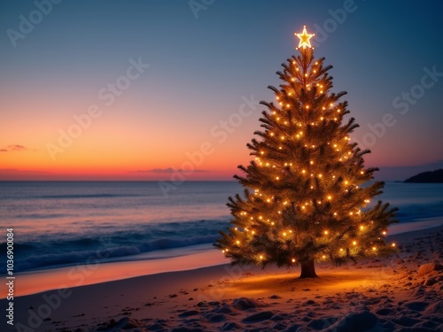 A beautifully decorated Christmas tree stands on the beach at sunset, capturing the holiday spirit by the ocean