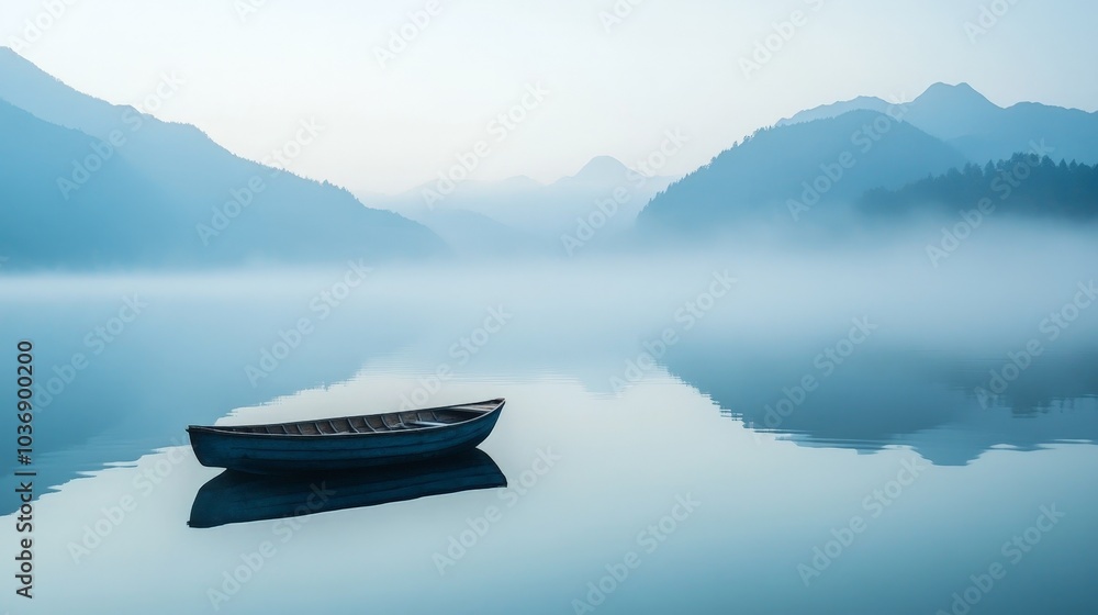 A serene scene of a wooden boat floating alone on a still lake, surrounded by dense fog. A serene scene of a wooden boat floating alone on a still lake, surrounded by dense fog.