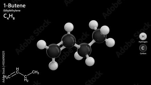Foto Molecule of 1-Butene (C4H8) is a colorless, flammable gas