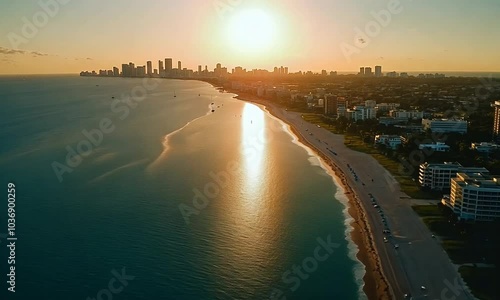 Wallpaper Mural Aerial view of a beach with a city skyline in the distance, sun setting over the ocean, creating a golden glow on the water. Torontodigital.ca