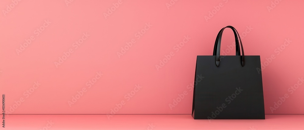 Elegant black shopping bag against a soft coral background perfect for fashion and retail promotions Elegant black shopping bag against a soft coral background perfect for fashion and retail promotions
