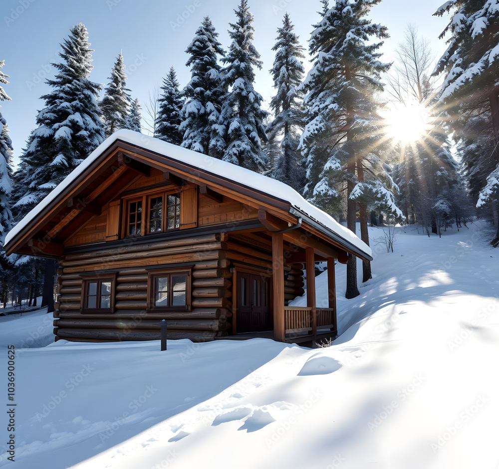 Wooden chalet in sunny winter forest with snow cover. Country house made of wood in natural area covered with fresh snow. Idea for Christmas holidays. Wooden chalet in sunny winter forest with snow cover. Country house made of wood in natural area covered with fresh snow. Idea for Christmas holidays.