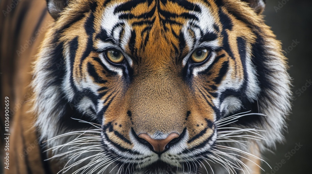 Close-up portrait of a tiger showcasing its striking features and intense gaze. Close-up portrait of a tiger showcasing its striking features and intense gaze.