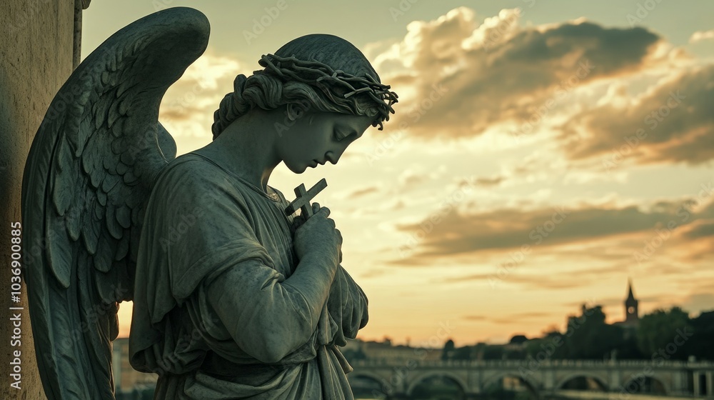 Fototapeta premium A side view of the Statue of the Angel with the Cross, framed by the ancient stones of the Ponte Sant'Angelo, with soft clouds in the sky and a warm, golden-hour light highlighting