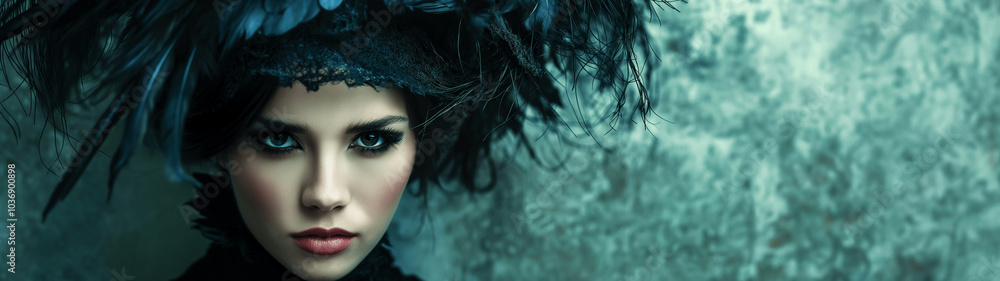 Mysterious woman in black feathered hat with intense gaze. Banner or header Mysterious woman in black feathered hat with intense gaze. Banner or header
