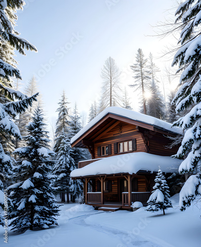 Wooden chalet in sunny winter forest with snow cover. Country house made of wood in natural area covered with fresh snow. Idea for Christmas holidays.