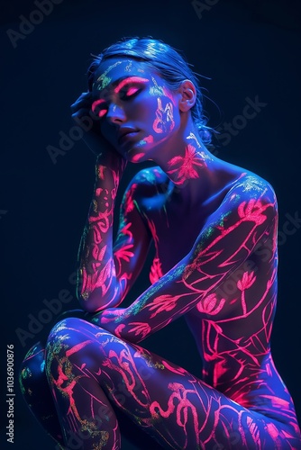 Neon Body Art On Woman in Dark Setting, Vivid Colors and Patterns