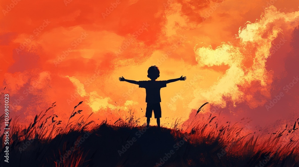 A silhouette of a little boy standing on a hilltop with his arms wide open, framed against a vibrant orange and pink sunset, as the sky fades into twilight over a peaceful landscape. A silhouette of a little boy standing on a hilltop with his arms wide open, framed against a vibrant orange and pink sunset, as the sky fades into twilight over a peaceful landscape.
