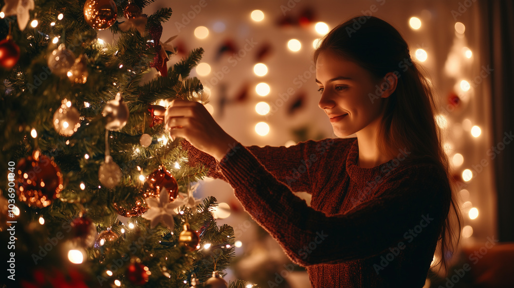 Smiling woman carefully placing an ornament on a beautifully lit Christmas tree, glowing in warm holiday lights. Smiling woman carefully placing an ornament on a beautifully lit Christmas tree, glowing in warm holiday lights.