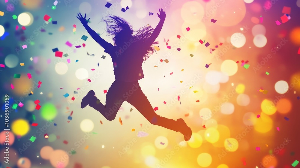 A silhouette of a person jumping in excitement, with confetti flying everywhere, celebrating a huge success under bright, festive lighting. A silhouette of a person jumping in excitement, with confetti flying everywhere, celebrating a huge success under bright, festive lighting.