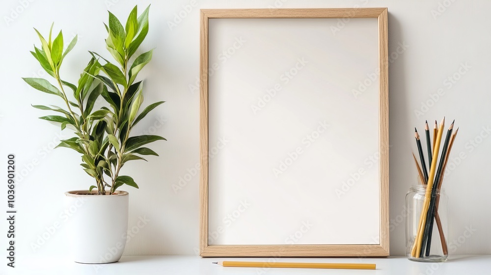 A simple, elegant scene with a wooden picture frame, a vibrant green plant in a pot, and two pencils lying on a blank white background, leaving plenty of space for additional design. A simple, elegant scene with a wooden picture frame, a vibrant green plant in a pot, and two pencils lying on a blank white background, leaving plenty of space for additional design.