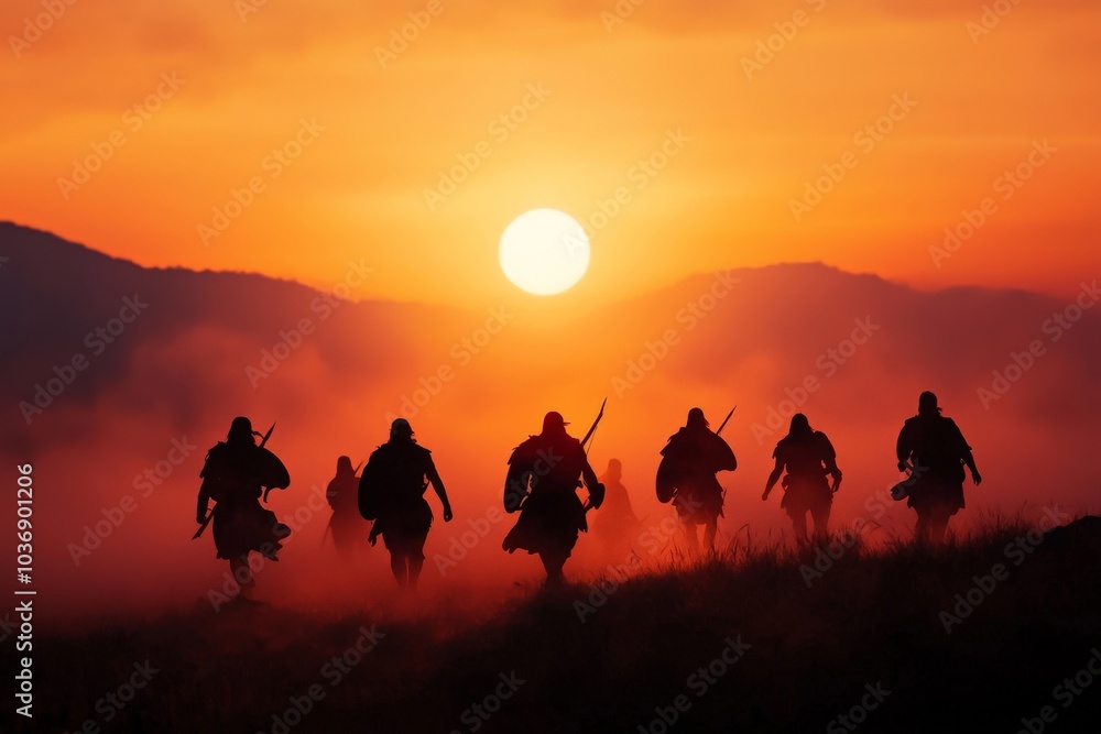 Fototapeta premium A Spartan training camp at dawn, with a muted color palette of earthy tones and fog, warriors sharpening their weapons as the first light of day breaks over the mountains