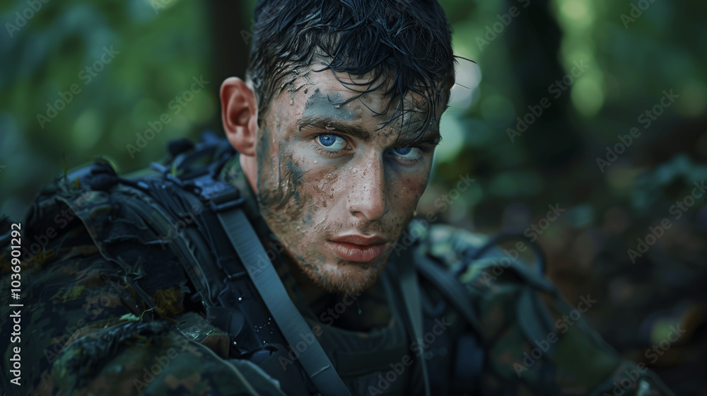 Intense soldier with blue eyes and camouflage gear in battlefield Intense soldier with blue eyes and camouflage gear in battlefield