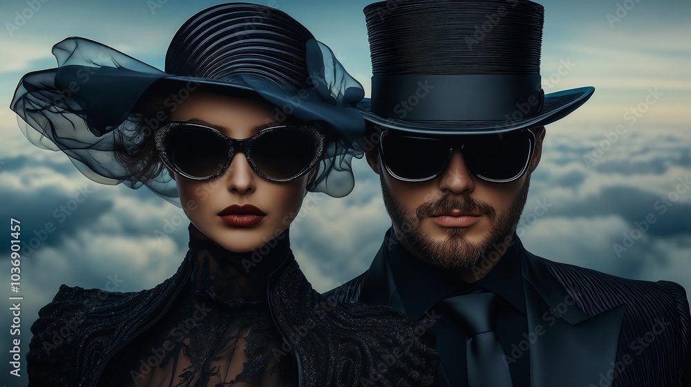 Elegant Couple in Black Sunglasses Above the Clouds Elegant Couple in Black Sunglasses Above the Clouds