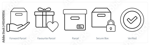 A set of 5 mix icons as forward parcel, favorite parcel, parcel