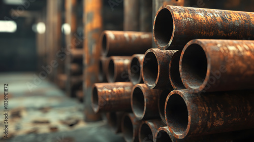 Rustic and Textured Close-Up of Stacked Industrial Steel Pipes in Warehouse, Suitable for Stylish Wallpaper