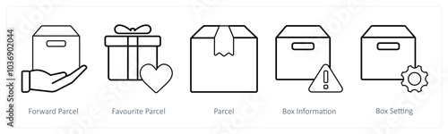 A set of 5 mix icons as forward parcel, favorite parcel, parcel