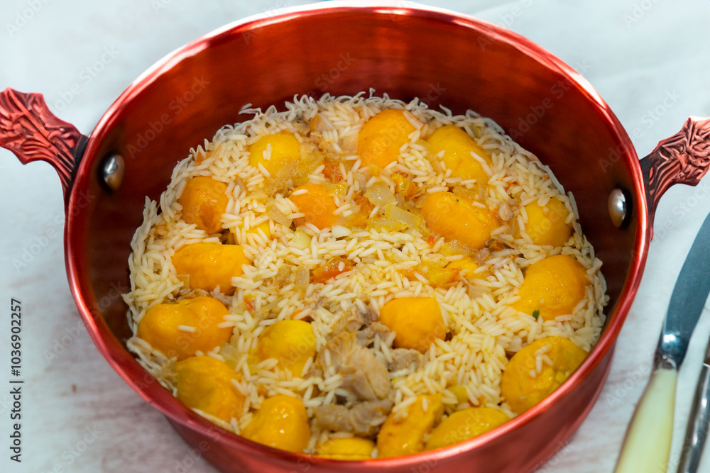 Traditional Brazilian dish chicken with pequi (caryocar brasiliense) and rice Traditional Brazilian dish chicken with pequi (caryocar brasiliense) and rice