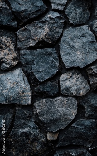 A textured wall made of dark, rough stones arranged closely together.