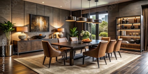 Stylish Black and Brown Dining Room Interior with Sleek Table, Modern Chairs, and Artistic Decor for Elegant Home Design Inspiration